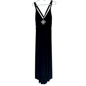 Vintage AGB Black Embellished V-Neck High-Low Maxi Dress ruched Y2K dress 14
